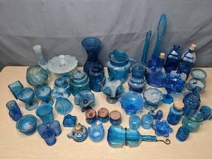 lot 226 image: Large Assortment of Beautiful Blue Glass Bowls, Jars, Glasses, Vases, Etc.  &nbspY