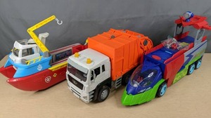 lot 229 image: Three Toy Vehicles - PJ Mask Seeker Truck Paw Patrol Sea Patrol Boat Orange Recycling Truck   Z