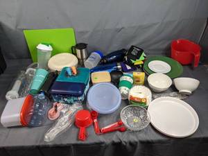 lot 315 image: Assortment of Cups, Drink Koozies, Plates, Measuring Spoons & Cups, Containers, Childs Cups & Plates and Much More Z