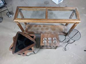 lot 316 image: Glass Top Console Table, Metal Plant Holder, 6-Bottle & Glass Wine Rack and (3) Triangle Tables Y