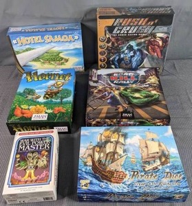 lot 268 image: Lot of 6 NEWUsed Board Games Pirate Dice, Rush n Crush, Hotel Samoa, Road Kill Rally, War with the Evil Power Master, Hornet  Z