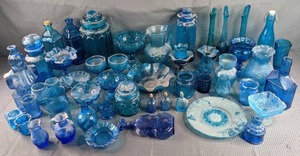 lot 250 image: Large Collection of Vintage Blue Glass Bottles, Plates, Bowls, Jars, Berrings Bitters, Wheaton, NJ Bottles and More  Y