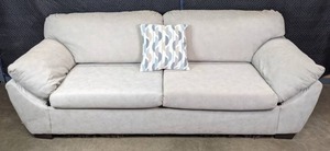 lot 94 image: Modern Style Sofa in Mottled Earth Tone Suede Like Fabric with Throw Pillow  Q