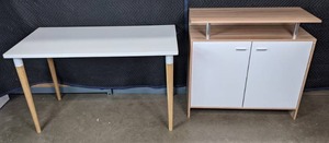 lot 70 image: Ikea Hissmon White Dining Table and Two-Shelf Storage Cabinet with Floating Top  Q