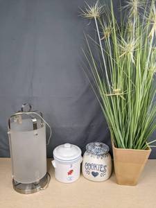 lot 97 image: Mixed Lot Frosted Glass Table Lamp, Pair of Cookie Jars, Artificial Potted Plant  N