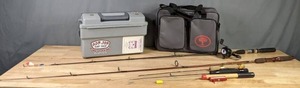 lot 90 image: (1) Rod and Reel, (1) Rod, (3) Short Rods, Tackle Box with Reels, Trophy Soft-Sided Carrier with Lures and More  B