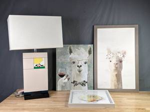 lot 99 image: Mixed Lot Modern Artistic Lamp, Llama on Canvas, Framed Llama, Framed Shell  Q