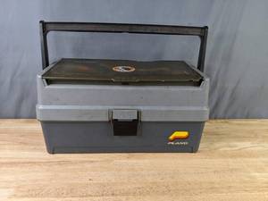 lot 385 image: Wood Fishing Pole Holder, Live Bait Bucket and a Tackle Box with Fishing Tackle and Bobbers X