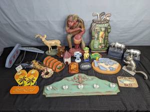 lot 430 image: Collection of Decorative Items Deer Figurine Wooden Plaques Man Statue Wooden Hanger   X