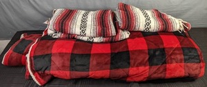 lot 401 image: North Pole Trading Company Red & Black ComforterBlanket & Pair of Matching Mexican Style Throw Blankets X