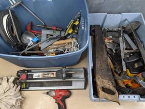 lot 412 image: Miscellaneous Assortment of Tools Tile Cutter, Hand Saw, Drill, Ruler, Scrappers, Rope and More X