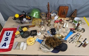 lot 413 image: Miscellaneous Assortment of Screw Driver, Candle Holders, Cups, PS33 Vivitar Camera, Tacky Glue, Hats, USA Banner, Watches and More X