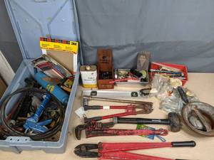 lot 399 image: Assortment of Tools & Parts Sandpaper, Pipe Wrench, Kobalt Sledgehammer, Bolt Cutters, Level, Mini Wooden Carving Chisel Set, Sunnyside Boiled Linseed Oil, & More X