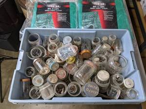 lot 443 image: An Assortment of Jars with Screws Bolts and Nuts (2) 2 Pack 8 x 10 Green Tarps  X
