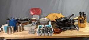 lot 433 image: An Assortment of Kitchen Items Pots and Pans Cups Knife Block with Various Knives Silverware  X