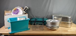 lot 434 image: A Variation of Kitchen Items Cake Pans Oblong Aluminum Roasting Pan Pyrex Pan with Portable Carrier   X