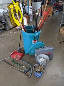 lot 509 image: Assortment of Bosch Empty Case, Hand Saws, Heavy-Duty Chain, Snow Brush with Squeegee and More X