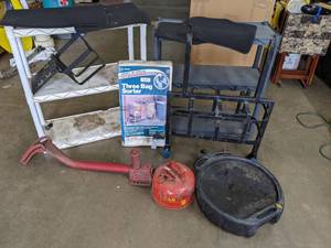 lot 512 image: Mixed Lot Pair of Shelving Units, Oil Drain Pan, Gas Can, Sorter, and More X