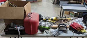lot 513 image: Tool and Hardware Lot Vintage Stanley Router, Trowels, Hand Saw, Funnels, McFeelys Board Spacers, and More  X