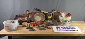 lot 505 image: Vintage Spalding Tennis Rackets, Pro Penn Tennis Balls, Golf Balls, Toy Action Figures, Toy Model Cars and More X