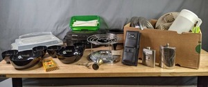 lot 458 image: Utensils, Roasting Pan, Flask, Fondue Pot, Glass Bowls, Cupcake Carrier and More  X