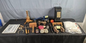 lot 480 image: Flour Bags, Horseshoes, Vintage Metal Truck and Blade, Bell System, Bicycle Seat and more  X