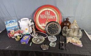 lot 472 image: Empty Glass Coca Cola Bottles, Shot Glasses, Drink Dispenser, Ashtrays, Clocks, Glass Jugs and more   X