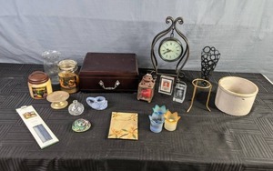 lot 474 image: Candles, Candle Holders, Clock, Vase, Small Jewelry Box  X