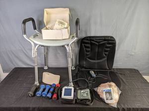 lot 478 image: Fisher Price Monitor, Shower Stool, Raised Toilet Seat, Weights, Zewa Blood Pressure Monitor, Neck Brace  X