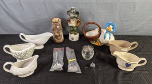 lot 471 image: 5 CreamerGravy Dishes, Vintage Jim Beam Decanter, Ceramic Duck, Face Mug, Tea Diffuser, Glass Sugar Bowl  X