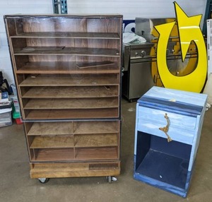 lot 491 image: Two-Drawer Sailboat Painted Nightstand and Plexiglass Multi-Shelf Wheeled Display X