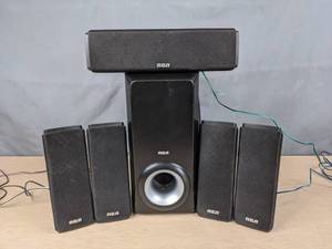 lot 574 image: RCA RTD317W Surround Sound Speakers (5) plus Subwoofer  Z