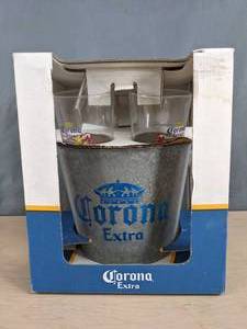 lot 577 image: NEW Corona Extra Galvanized Bucket with (4) Matching Corona Glasses and Coasters  Z