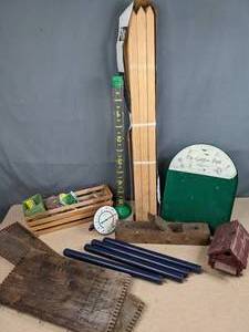 lot 578 image: Mixed Lot  Wooden Stakes, Rain Gauge, Wood Plane, Birdhouse, Planter Boxes, and More  X