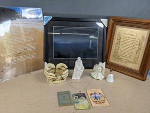 lot 580 image: Religious Decor Wall Art, Figurines, Hanging Holder, Books, Pendant, and Enesco Bell  X