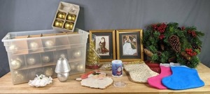 lot 571 image: Christmas Decor Ornaments, Wall Art, Stockings, Electric Candle, Hanging Santa, and More  N