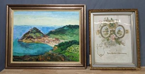 lot 573 image: Vintage Original Oil Painting of Village Seaside by Jo Rollins (1956) & Antique Framed Marriage Certificate  V