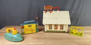 lot 538 image: Vintage Fisher-Price Toys TV-Radio Music Box, Play Family School and Music Box Iron V
