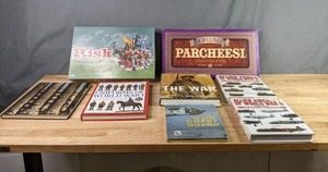 lot 527 image: Risk The Game of Global Domination, Parcheesl Deluxe Board Games, The Great CitiesAthens, An Illustrated Encyclopedia of Uniforms of WWI, Allied Tanks & Aircraft of WWII Books and More V