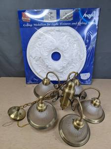 lot 591 image: Five-Light Hanging Light Fixture & New in Package Angelo Ceiling Medallion  B