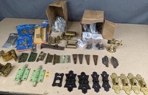 lot 585 image: Antique, Vintage and New Door Hardware Hinges, Latches, Door Knob with Plate, Also Drawer Pulls  B