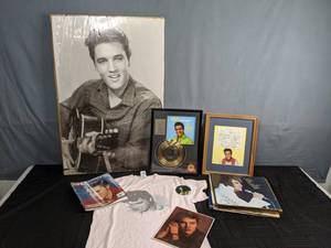 lot 499 image: Fun Elvis Collection with Poster, Life Magazine, T-Shirt, Button, Etc. X