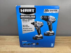 lot 42 image: New HART 20-Volt Cordless Brushless Drill and Impact Combo Kit with 10-inch Storage Bag, (2) 2.0Ah Lithium-Ion Batteries & Charger T