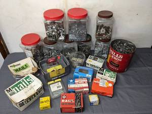lot 168 image: Boxes and Containers Full of Nails, Nuts, Bolts and More