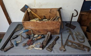 lot 144 image: Large Assortment of Vintage Tools Monkey Wrench, Pipe Wrench, Dunlap Plane, Hand Drills, and Much More