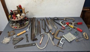lot 107 image: Assortment of Tools Hand Files, Clamps, Nail Puller, Screw Drivers, Flat Head Drivers and More