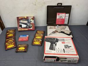 lot 108 image: Vintage Craftsman 2-Heat Soldering Gun Kit, Arrow T-50 All Purpose Heavy Duty Staple Gun Tacker with 12 and 516 Staples