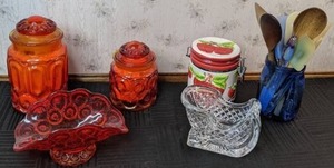 lot 52 image: Beautiful Retro Glass Canisters, Candy Dishes and Kitchen Utensils