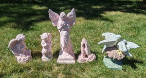 lot 32 image: Set of (5) Cement Garden Statues Angels, Praying Hands, & Pair of Doves