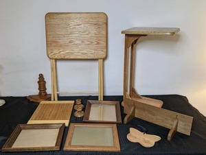 lot 170 image: Assorted Wood Home Items - Picture Frames, Decor, Small Shelves, TV Tray, Candle Holders, Small End Table, The Closet Moth